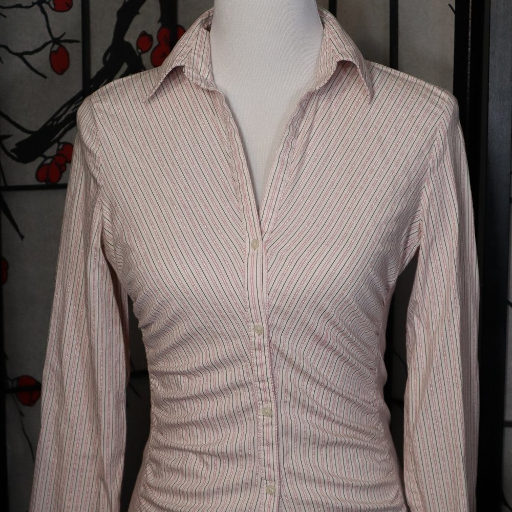 Express White Long Sleeved Shirt with Black, Red & Silver Pinstripes, Size Small